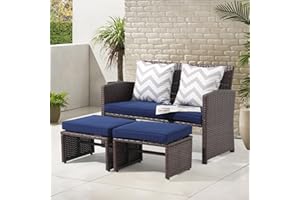 OC Orange-Casual Outdoor Loveseat 3 Piece Patio Furniture Set Outdoor Conversation Set All-Weather Wicker Love Seat with Ottoman/Side Table, Brown Rattan, Blue