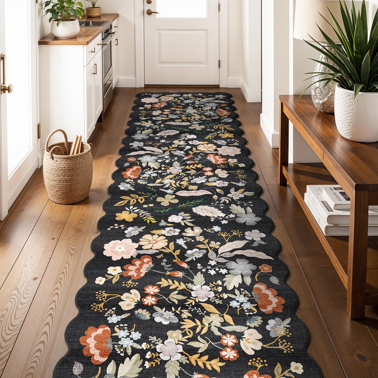 Photo 1 of 3x12ft Long Hallway Runner Rug - Non Slip Washable Floral Floor Runner for Kitchen Entryway Bathroom?Boho Low Pile Thin Rubber Backed Scalloped Carpet Runner (Black, 3x12)