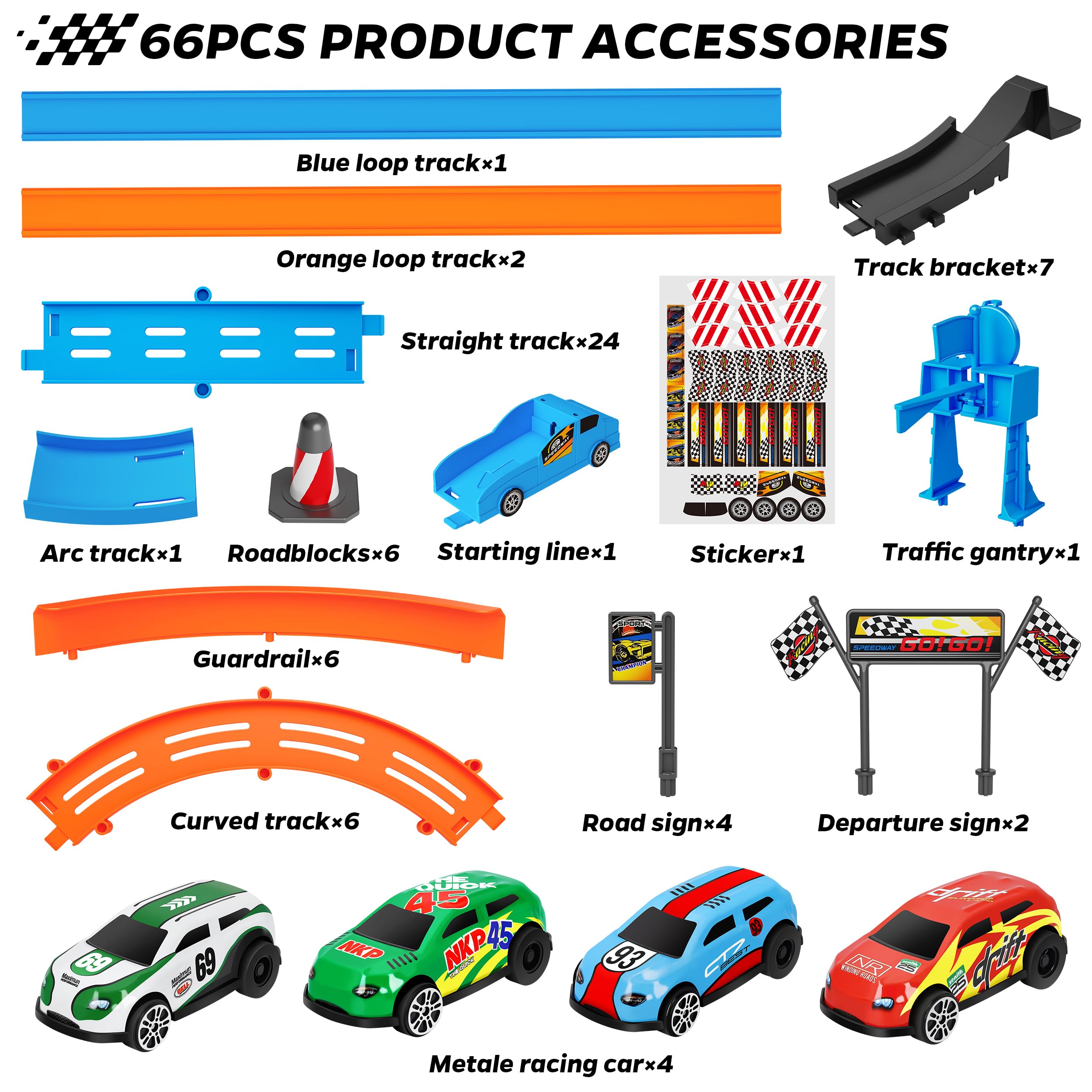 ‌Slot Car Race Track Sets with 360° Thrill Loops & 4 High-Speed Cars, 64 Pcs Large Flexible Racing Track for Kids Ages 3-5 4-8 8-12, Race Car Toys Gift for Boys Girls Birthday Christmas