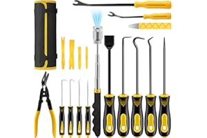 DWH 18 Pcs Precision Pick and Hooks Set, Auto Body Tool Kit with Scraper Telescoping Magnetic Pickup Tool Panel Clip Plier Fastener Remover, Metal Plastic Trim Tools, Automotive Mechanic Bag, Yellow