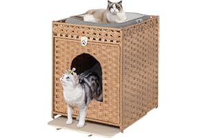Snughome Cat Litter Box Enclosure Furniture Hidden with Litter Mat, Hidden Washroom Furniture with Door, Handwoven Rattan Cat Washroom Box, Indoor Pet House for Living Room, Bedroom(Natural)