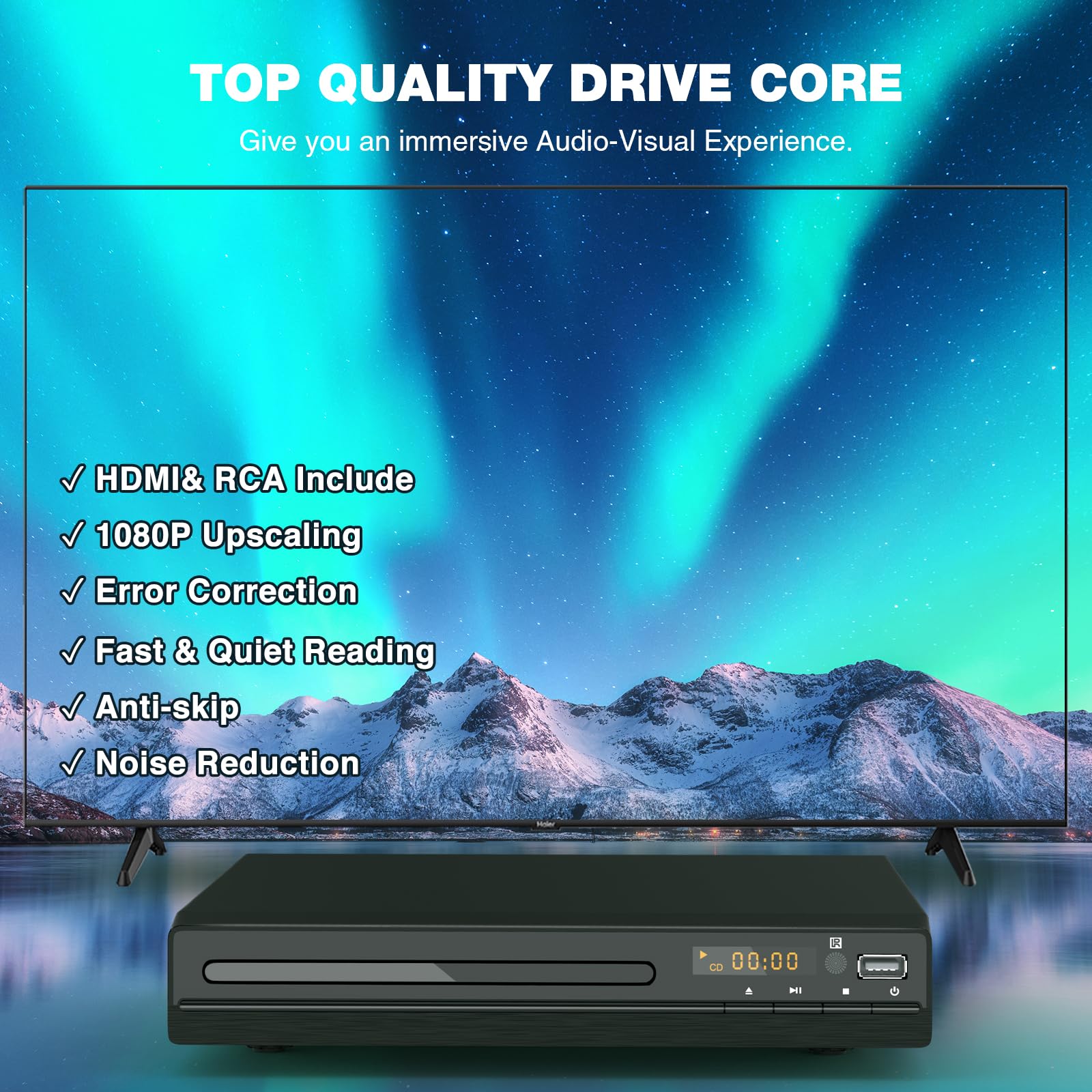 DVD Player, HDMI Region Free DVD Players for Smart TV, 1080P Upscaling, USB Input, HDMI/RCA Output Cable Included, Breakpoint Memory, Built-in PAL/NTSC, CD Players for Home