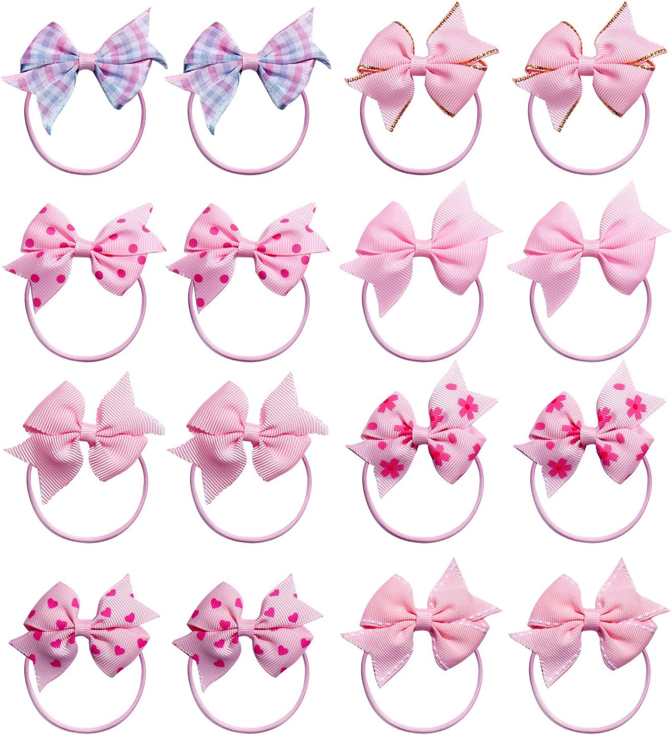 KOONYBaby Girls Hair Bow Elastic Ties Ponytail Holders Hair Bands 16pc (Pink)