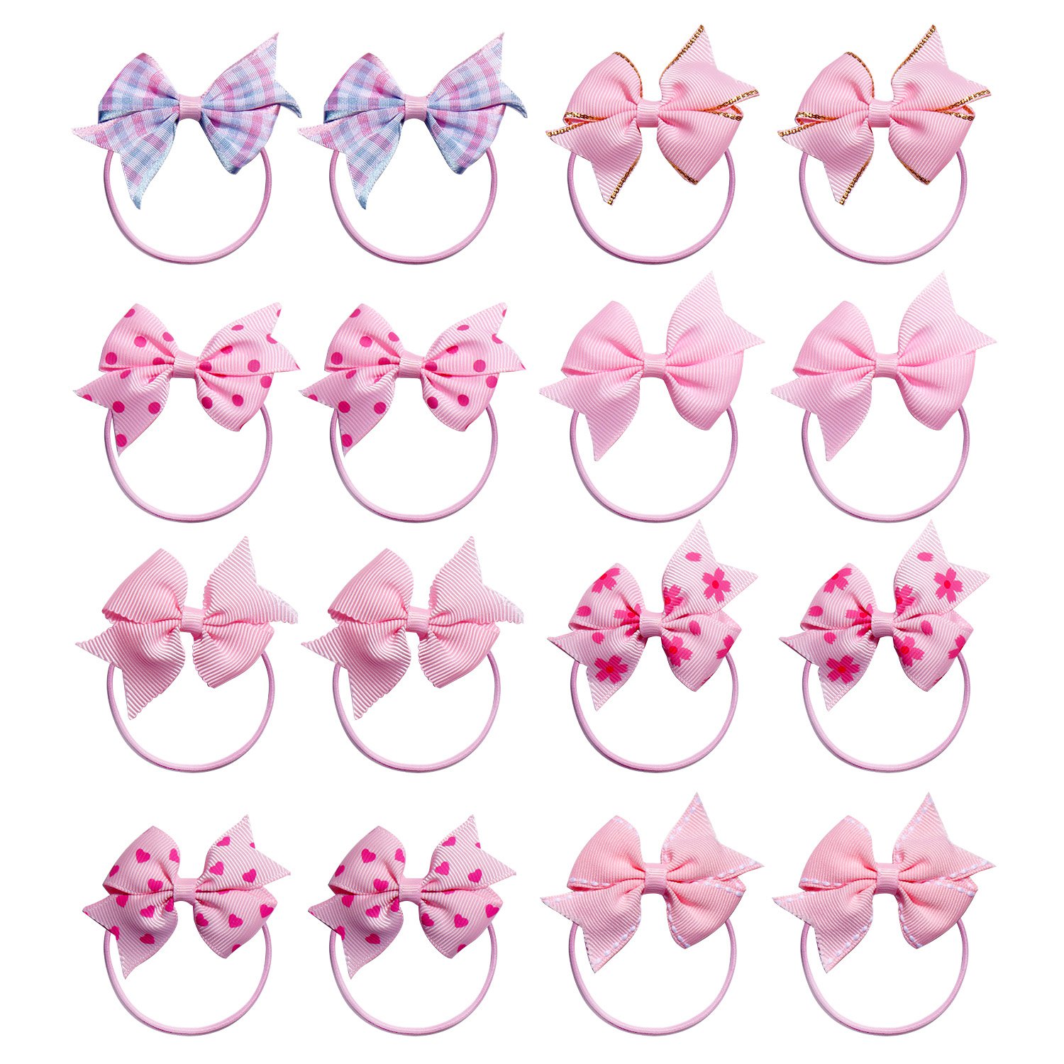 KOONYBaby Girls Hair Bow Elastic Ties Ponytail Holders Hair Bands 16pc (Pink)