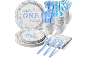 JECTIVS Winter Onederland Party Supplies Blue and Silver Snowflake Plates and Napkins Set Disposable 1st Birthday Party Tableware for Winter Onederland Snowflake Baby Boy First Birthday Party Decor Serve 25