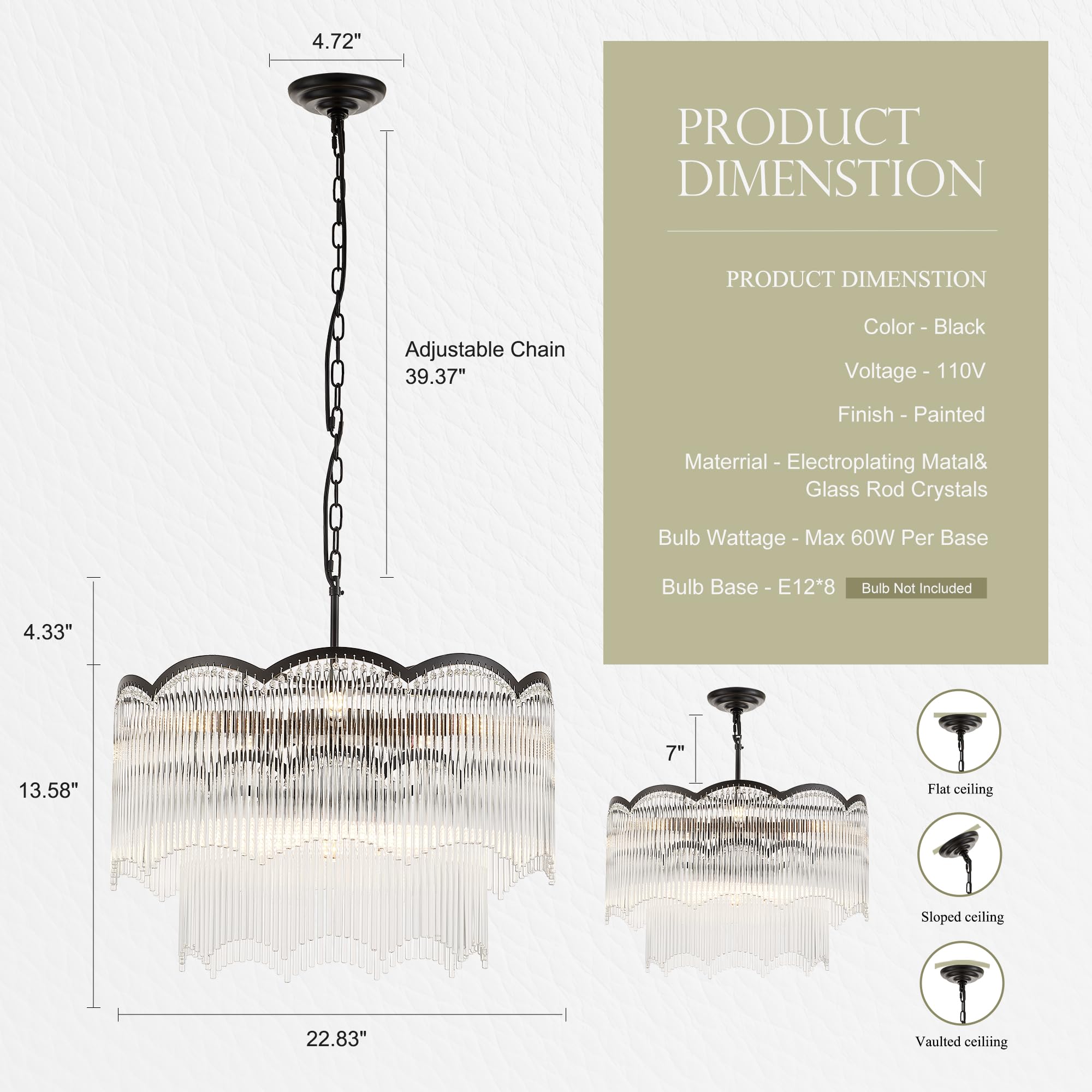 Condition photo showing New/Like New for faibra 22.83" black clear glass crystal chandelier 8-light modern crystal pendant ceiling light fixt