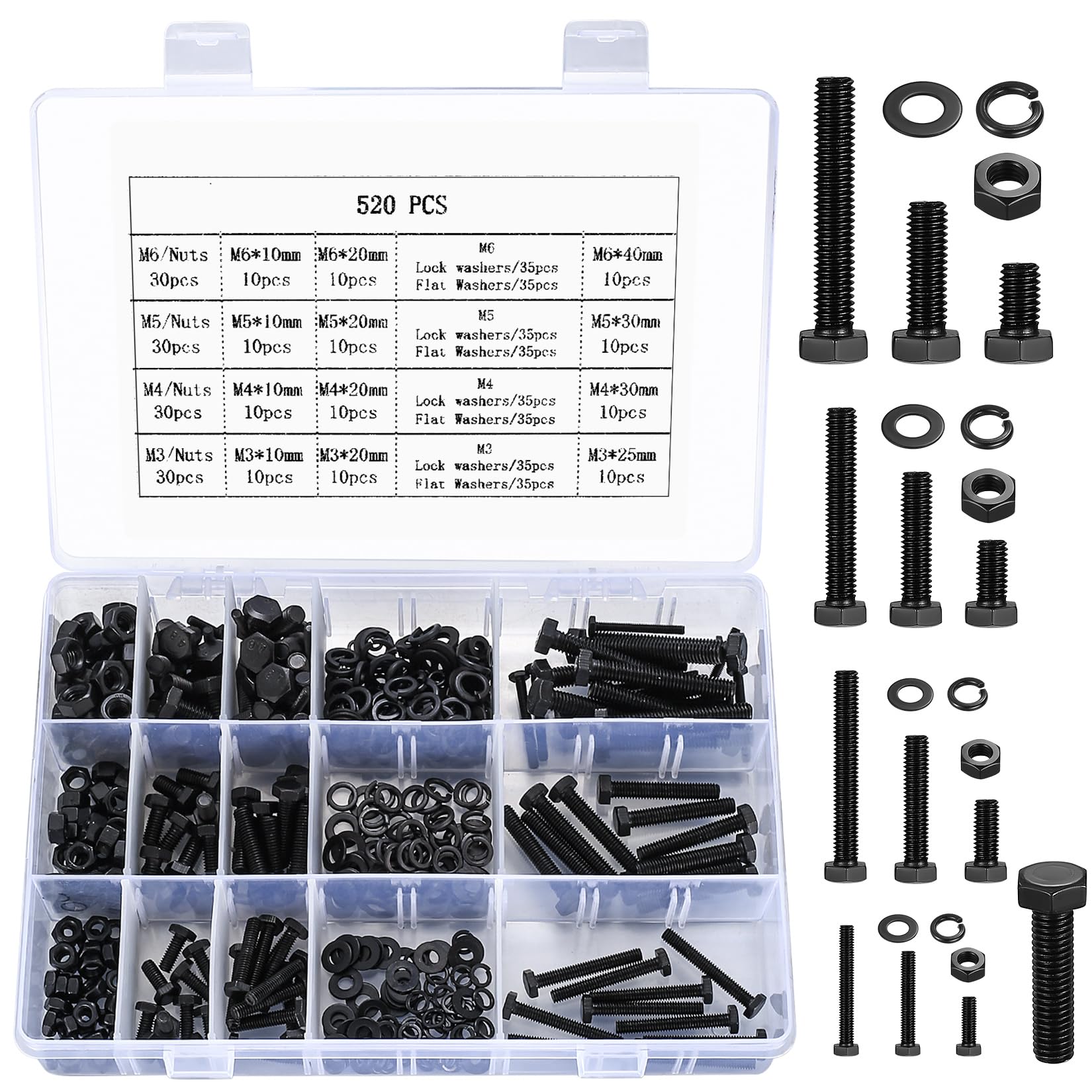 520 Pcs Hex Bolts, Nuts, and Washers Set, M3/M4/M5/M6 carbon steel Hexagonal Screws, Machine Screws, Full Thread Screws and Fasteners(520 black) — image 1