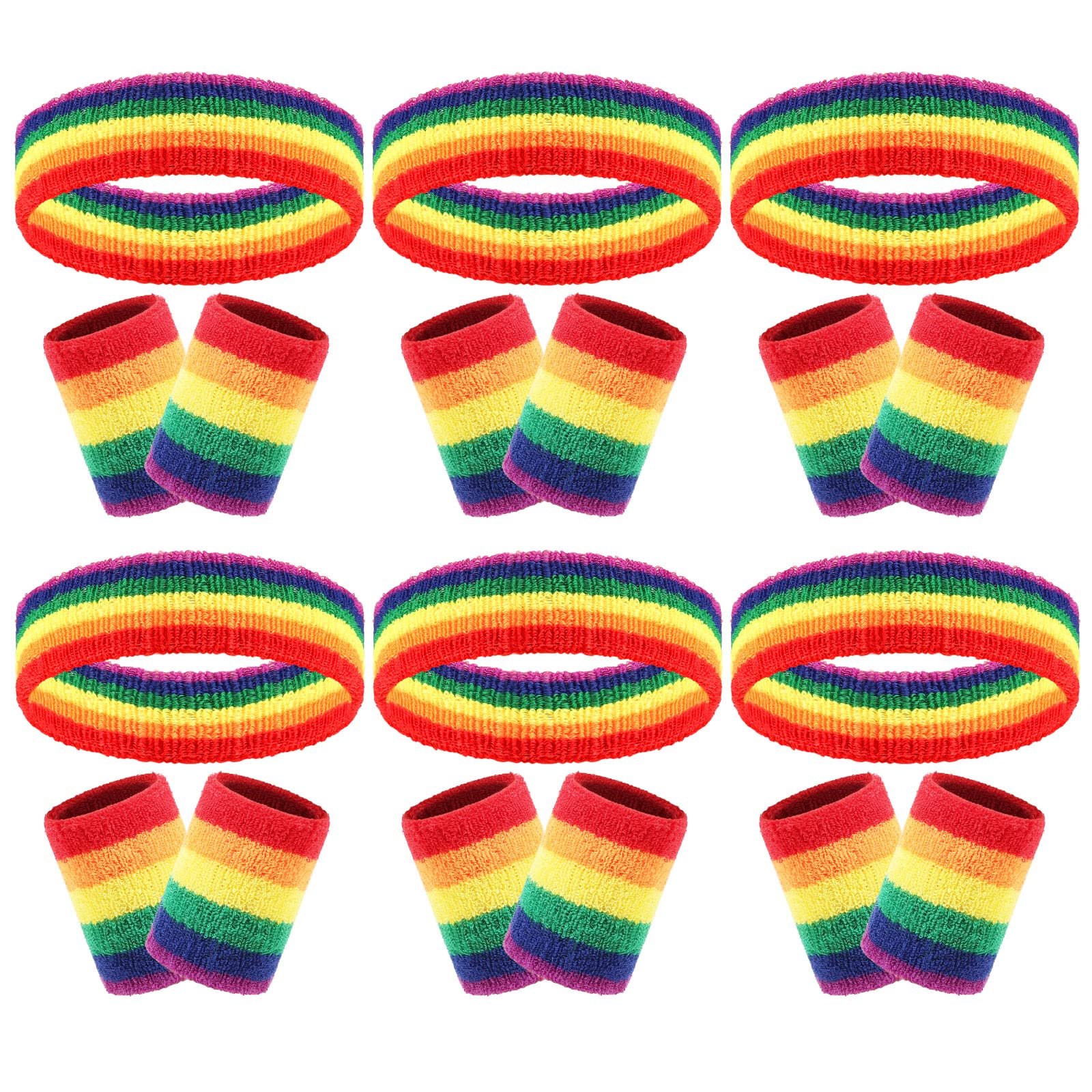 18 Pcs Sweatbands Headband Wristband Set Colorful Striped Terry Cloth Sports Athletic Gym 80s Sweat Headbands Wrist Bands (Multicolor)