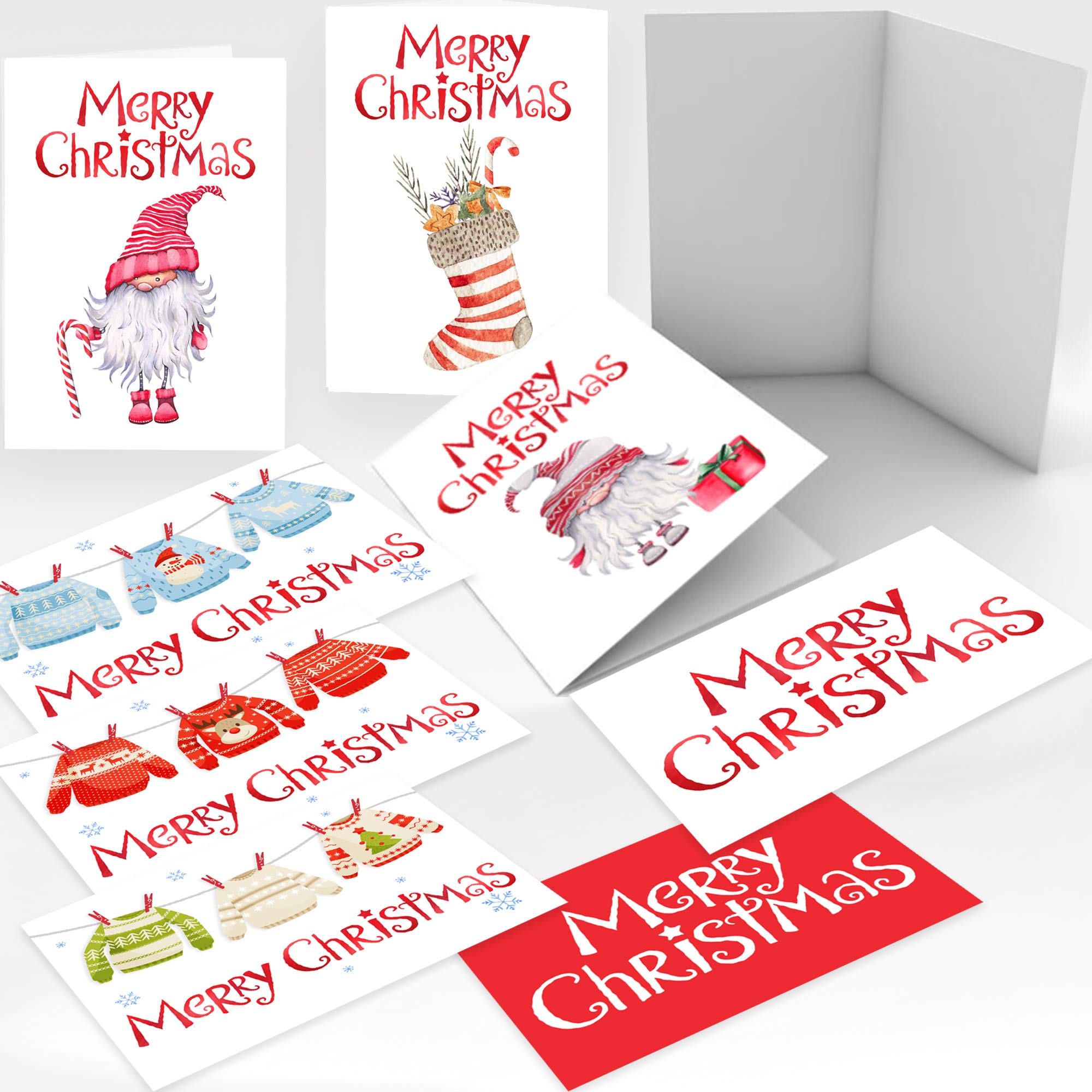 16 Merry Christmas Cards Multipack for the Family, 8 Scandinavian Gnomes, Xmas Jumpers Stocking Designs Paper, Multi Pack Xmas Cards Bundle for kids, men, women Children