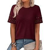 PRETTYGARDEN Summer Tops for Women 2026 Lace Short Sleeve T-Shirts Casual Blouses Spring Fashion Clothes Vacation Outfits