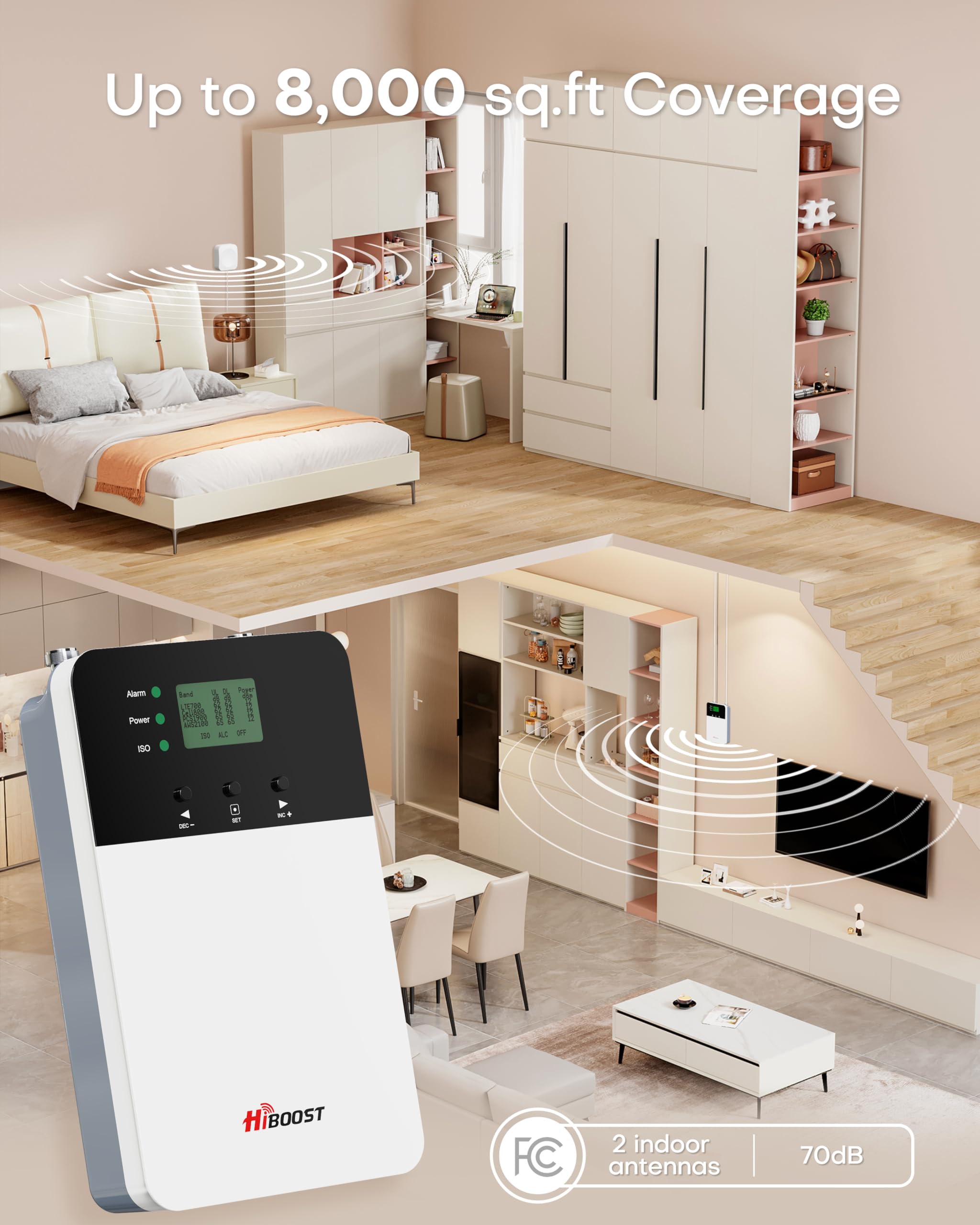 Cell Phone Booster for Home Office, Cover 8000 sq ft with 2 Indoor Antennas for All US Carriers, Cell Phone Signal Booster for Destination RV 4G 5G LTE Verizon AT&T T-Mobile APP Support FCC