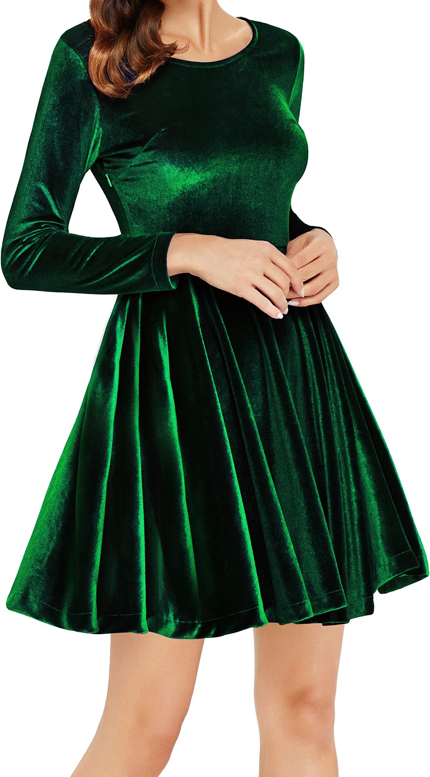 Annigo Womens Casual Short/Long Sleeve Peter Pan Collar Gold Velvet Flare Skater Short Dress
