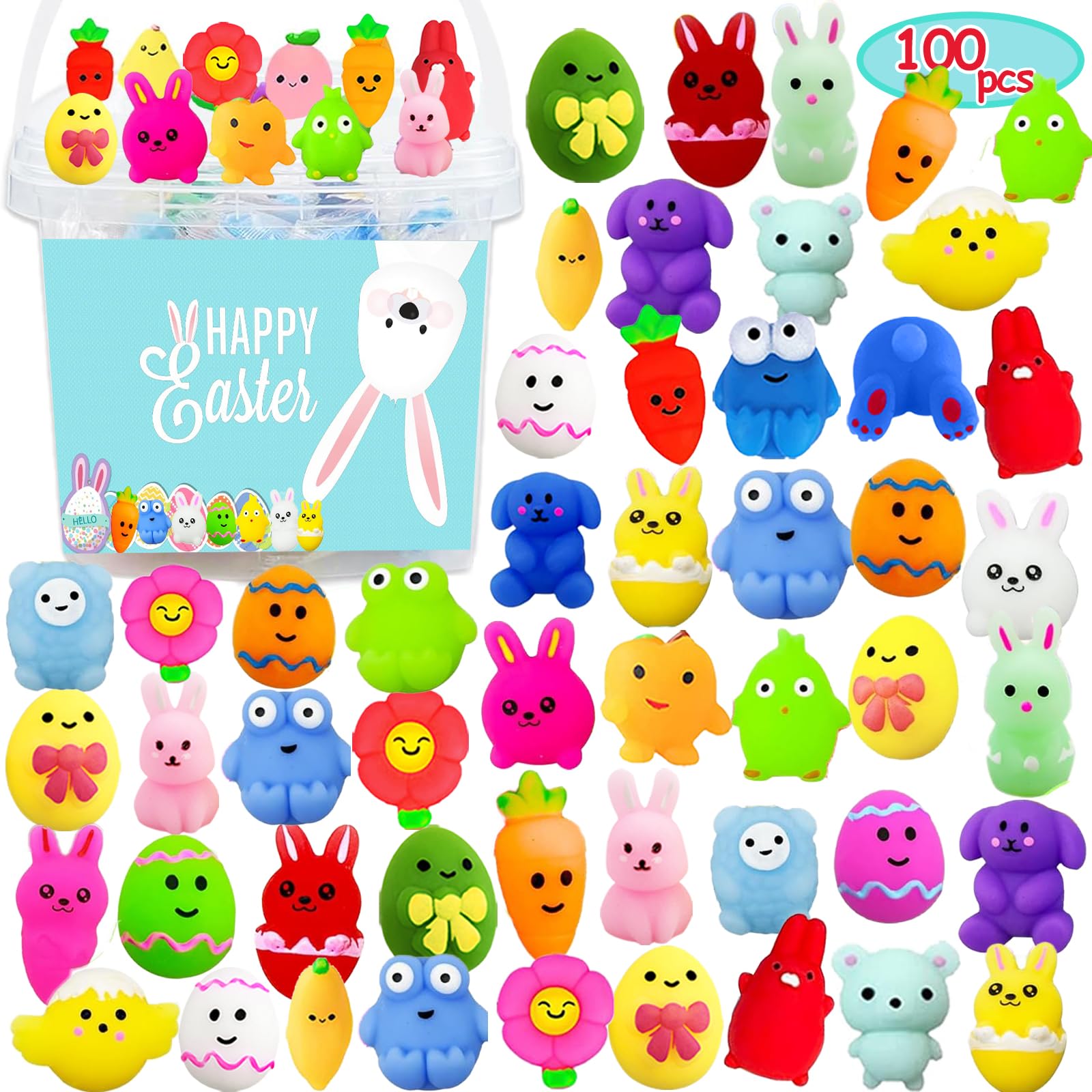 100 Pcs Easter Mochi Squishy Toys, Kawaii Mini Squishies Bulk for Kids Boys Girls Toddlers, Easter Basket Stuffers Egg Fillers Gifts Party Favors(Random)