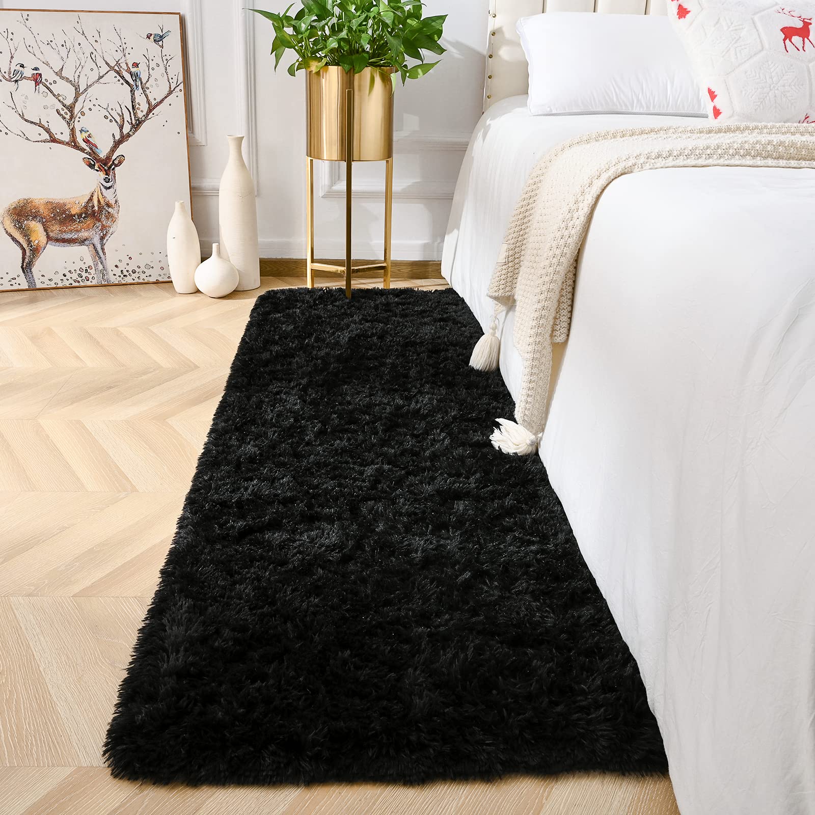 Photo 1 of Amearea Shag Fluffy Area Rug for Bedroom Girls Living Room, Extra Soft and Fuzzy Shaggy Rugs, Non Slip, Solid Color Carpet Mat for Boys Nursery Home, Black 2x6 Feet