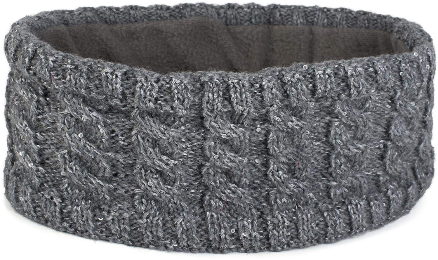 styleBREAKER women knit headband with plait pattern and sequins, fleece lining, hairband, headband, women 04026028, color:Grey