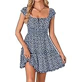 Rooscier Women's Summer Boho Floral Print Square Neck Smocked Tie Front Ruffle Swing Beach Mini Dress
