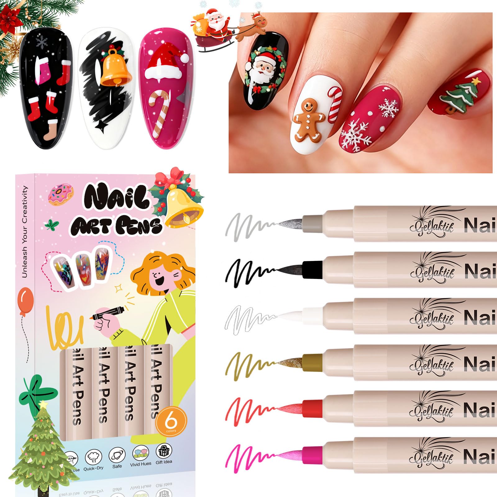 6 Color 3D Nail Art Pens Set, 0.7MM Nail Polish Pens Quick-Drying Acrylic Paint Markers, DIY Nail Design for Dotting Drawing Painting Liner, Home & Salon Manicure Tools Christmas Beginners Gifts