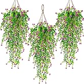 RAINFLOW 3PCS Artificial Hanging Flowers for Outdoors - Fuchsia Fake Eucalyptus Vines with Flower, Camellia Vine Artificial Flowers Indoor for Shelf Wall Bedroom Office Balcony Front Porch Decor