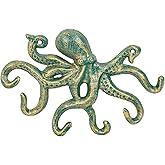 Sungmor Cast Iron Key Holder for Wall, Decorative Octopus Hanger with 6 Hooks, Vintage Green Wall Hooks for Towel, Bathrobe, Necklaces, Purse, Dog Leashes, Bathroom Nautical Decor