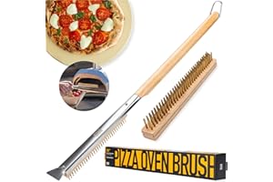 OUII 26'' Pizza Oven Brush with Stone Scraper - Includes 2 Brush Heads, Heat-Resistant Gold Stainless Steel Bristles - Long Grip Handle, Compatible with Ooni, Gozney, Blackstone, Solo Stove Ovens
