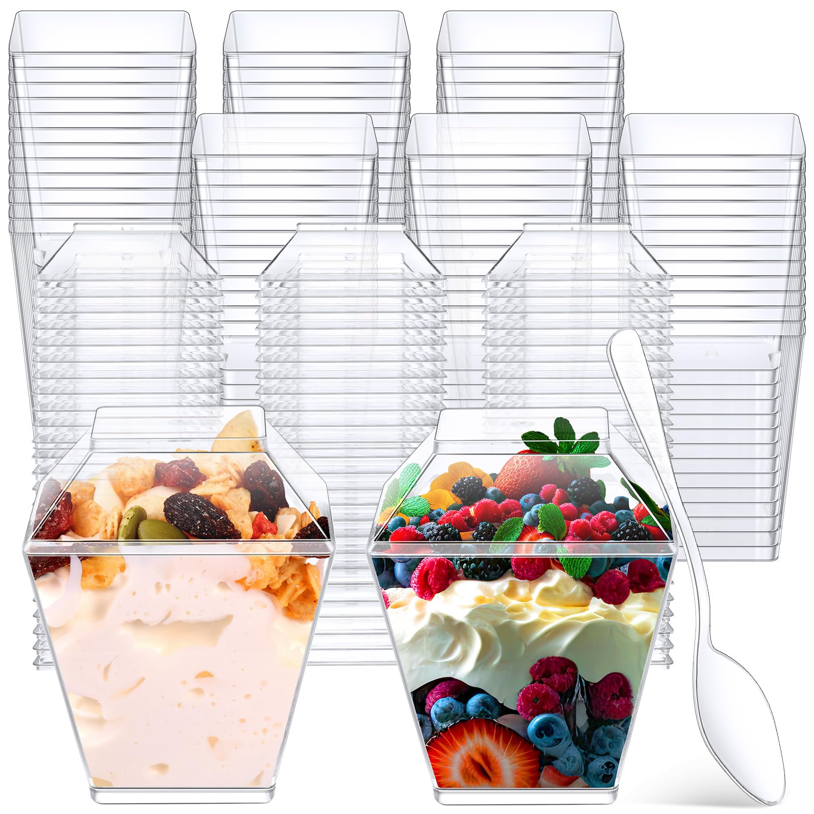 Photo 1 of 600 Pcs 3.4 oz Mini Dessert Parfait Cups with Lids and Spoons, Clear Square Appetizer Cups Disposable Plastic Dessert Bowls for Pudding Fruit Ice Cream Wedding Baby Shower Birthday Decorations