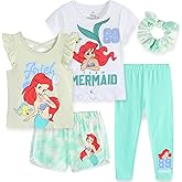 Disney Minnie Mouse Little Mermaid Girls 5 Piece Set with 2 Tops, Leggings, Shorts & Scrunchie for Toddlers & Big Kids
