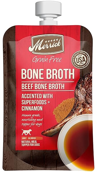 MERRICK GRAIN FREE BONE BROTH, PREMIUM HUMAN GRADE AND GLUTEN FREE DOG AND CAT FOOD TOPPER POUCHES, BEEF – 7 OZ. POUCH