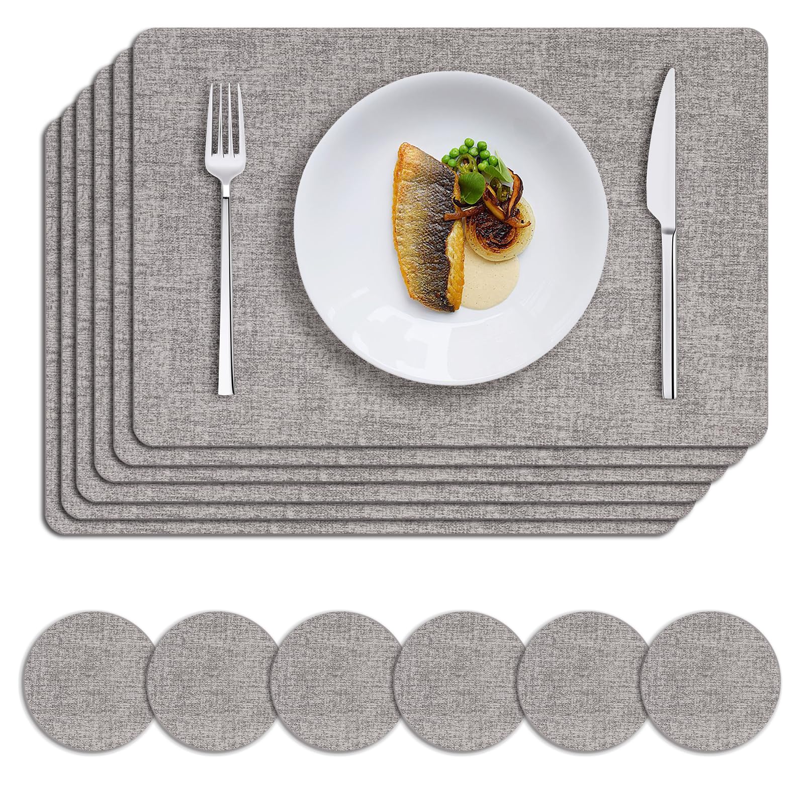 Photo 1 of **MISSING MANY MATS**ONLY ONE**
MOSAYT Faux Leather Placemats Set of 6, Heat Resistant Wipeable Washable Vinyl Place Mats with Coasters, Waterproof Oil Proof Table Mats for Kitchen Dining Party Outdoor, 12" x 18", Light Grey
