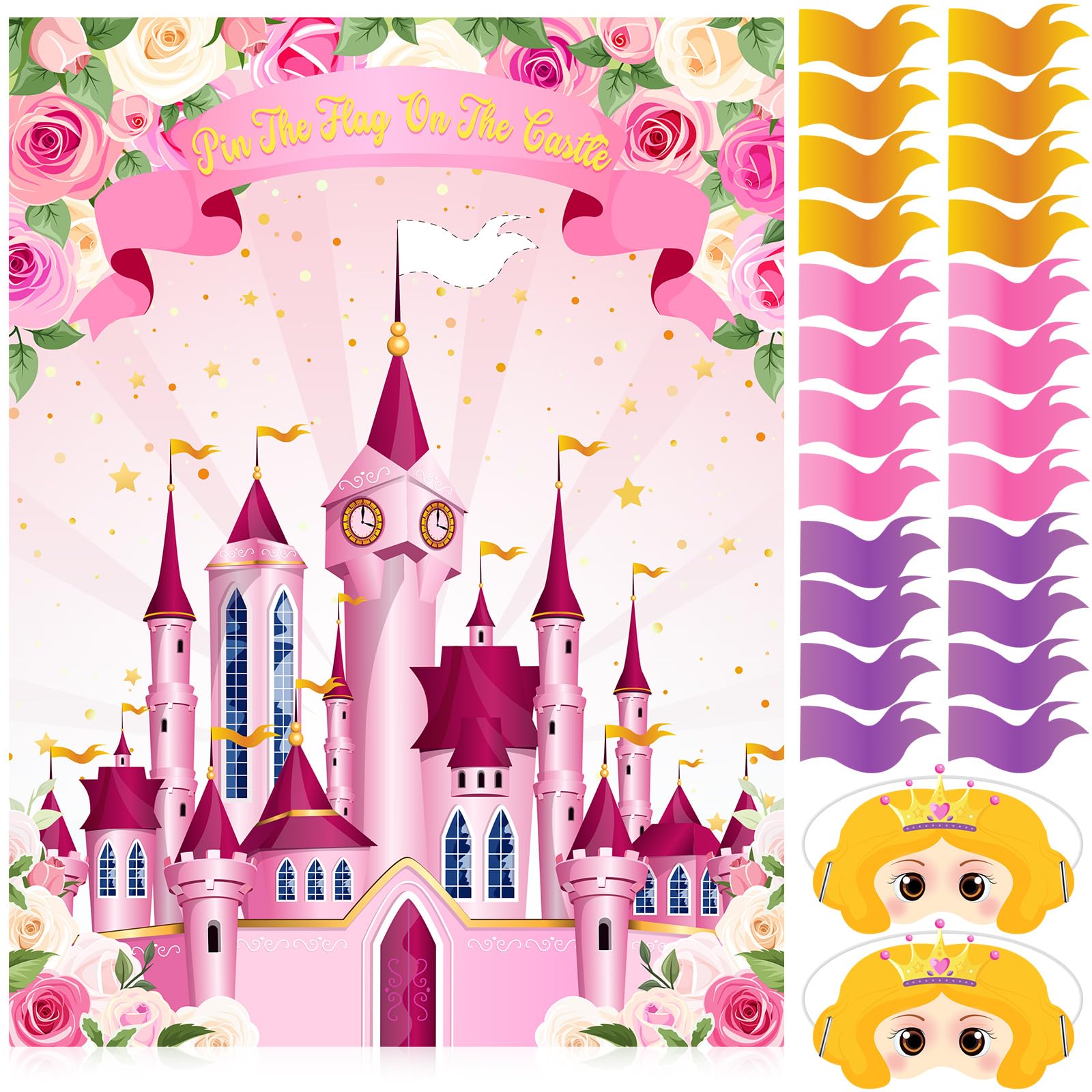 Faccito Princess Party Games Pin The Flag on The Castle Birthday Pin Games Set Include Pink Castle Poster 24 Flag Stickers 2 Blindfolds for Princess Birthday Tea Party Decorations Activities Supplies