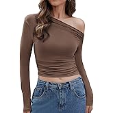 Scacto Women's One Off Shoulder Long Sleeve Going Out Ruched Crop Tops Shirts