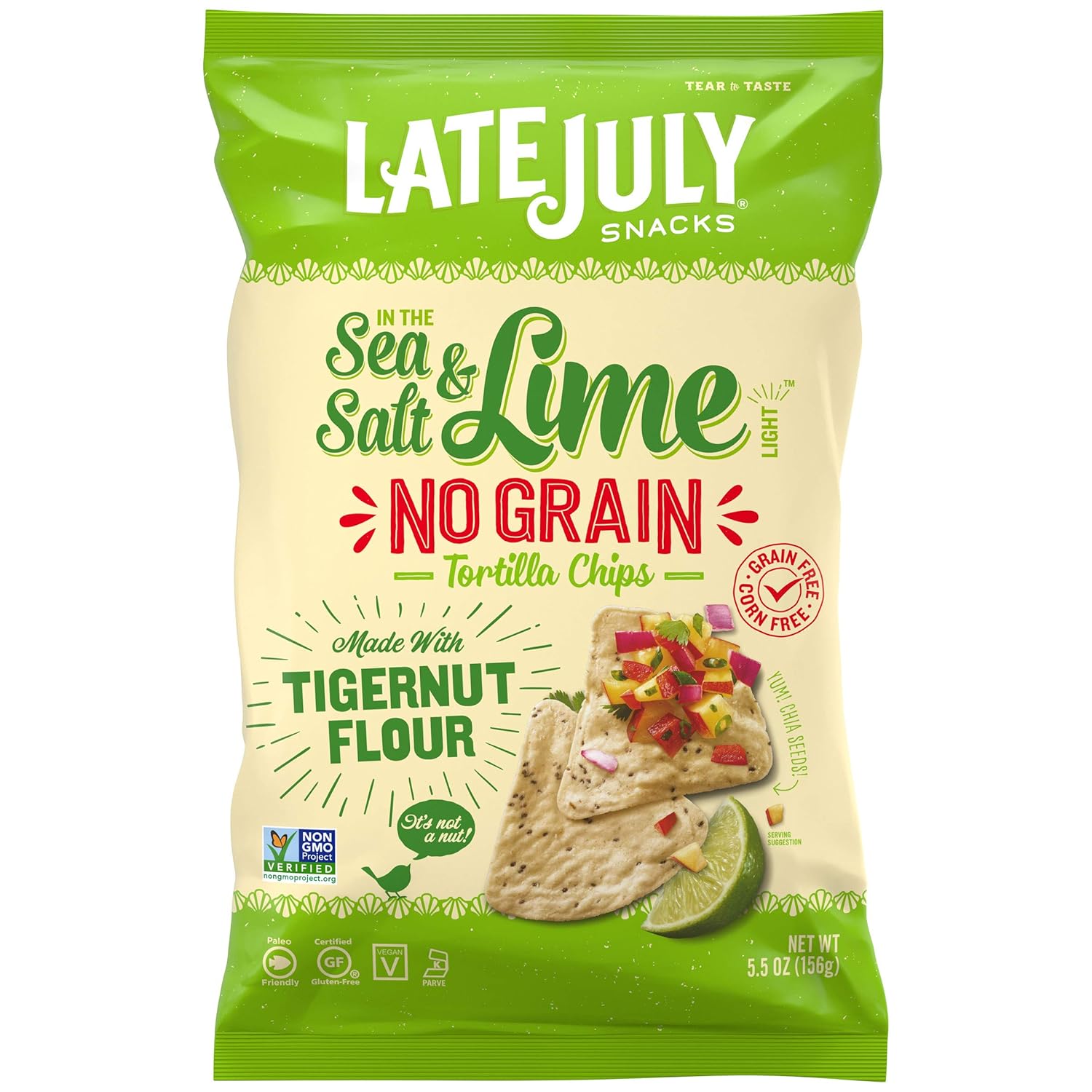 LATE JULY Snacks No Grain Tortilla Chips Sea Salt & Lime Chips, 5.5 Ounce Bag