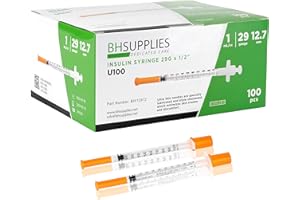 BH Supplies Insulin Syringes U-100 29G 1ml/cc 1/2" (12.7mm) Pack of 100 Pcs