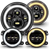 TRUE MODS 7 Inch LED Headlights &amp; Fog Lights for 2007-2018 Jeep Wrangler JK | 4 Inch Fog Lights, Black Round Headlights, Halo DRL, Amber Turn Signals, High Low Sealed Beam, Fits JKU Unlimited Sport