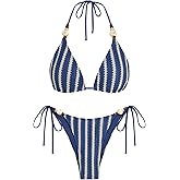 ZAFUL Women's Bikini Sets Beads Triangle Swimsuits 2 Piece String High Cut Cheeky Bathing Suits