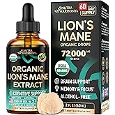 Lions Mane Liquid - USDA Certified Organic Lions Mane Supplement - Brain Support, Energy, Memory & Focus - Sugar & Alcohol-Free Lion's Mane Mushroom Extract 72,000 mg / Bottle, 2 Fl OZ, 2 Month Supply