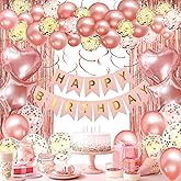 Rose Gold Birthday Decorations - Happy Birthday Banner, Confetti Balloons, Fringe Curtain, Heart Star Foil Balloons, Hanging Swirls for Princess Party