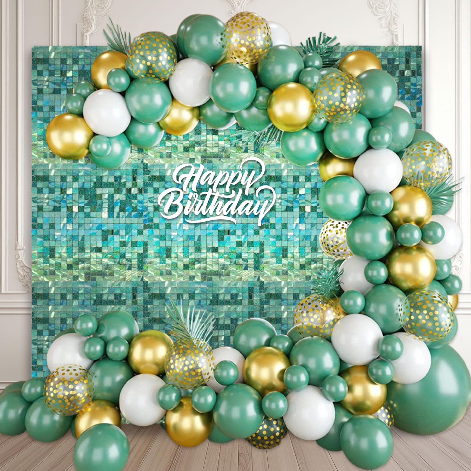 Photo 1 of 12PCS Light Green Shimmer Wall Backdrop, Laser Square Sequin Photo Backdrops Panel, Glitter Wall Background for Birthdays, Weddings, Christmas, Engagements, Disco Bachelorette Party Decor (3FTx4FT)