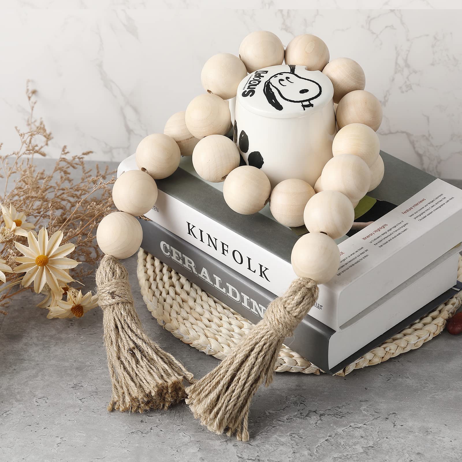 Farmhouse Decor Large Wood Bead Garland 50inch long with 1.6" Diameter beads, Natural Wooden Beads Decor with Tassels Decorative Boho Country Decoration for Coffee Table Home Tiered Tray Wall Hanging