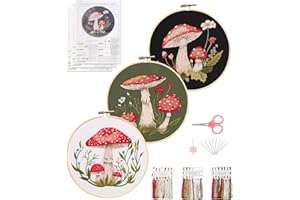 Santune 3 Sets Embroidery Kit for Beginners,Cross Stitch Needlepoint Kits for Adults Starter Easy Stamped Mushroom Pattern Fabric Hand Crafts,Hoops,Needle,Women DIY Hanging Plants,Sewing Hobby