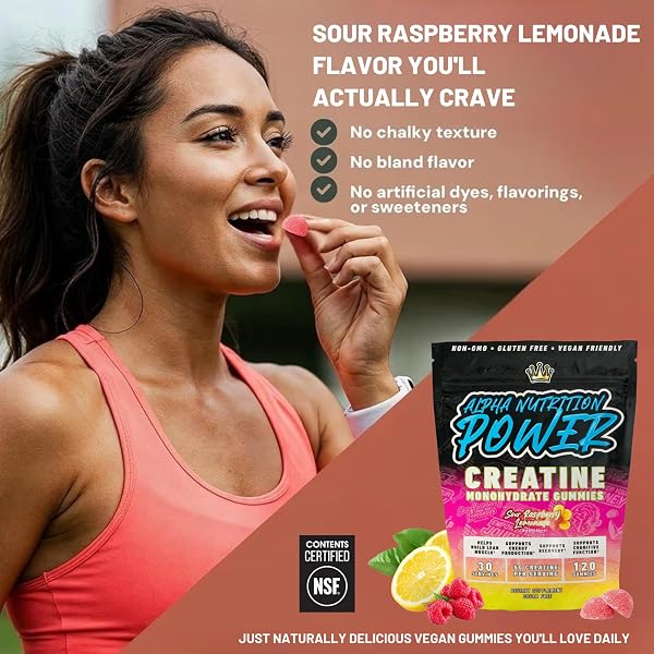 CREATINE MONOHYDRATE GUMMIES 5G – RASPBERRY LEMONADE FLAVORED CREATINE FOR WOMEN AND MEN – SUPPLEMENT FOR MUSCLE GAIN, STRENGTH, ENERGY, COGNITIVE HEALTH, PRE AND POST WORKOUT, RECOVERY, (120 GUMMIES)