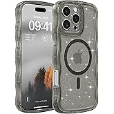 FABSPARK Case for iPhone 15 Pro Max,Compatible with MagSafe,Magnetic Clear Curly Wavy Frame Wave Case with Sparkly Bling Glitter,Transparent Acrylic Hard PC for iPhone 15 Pro Max,Glitter Clear Black