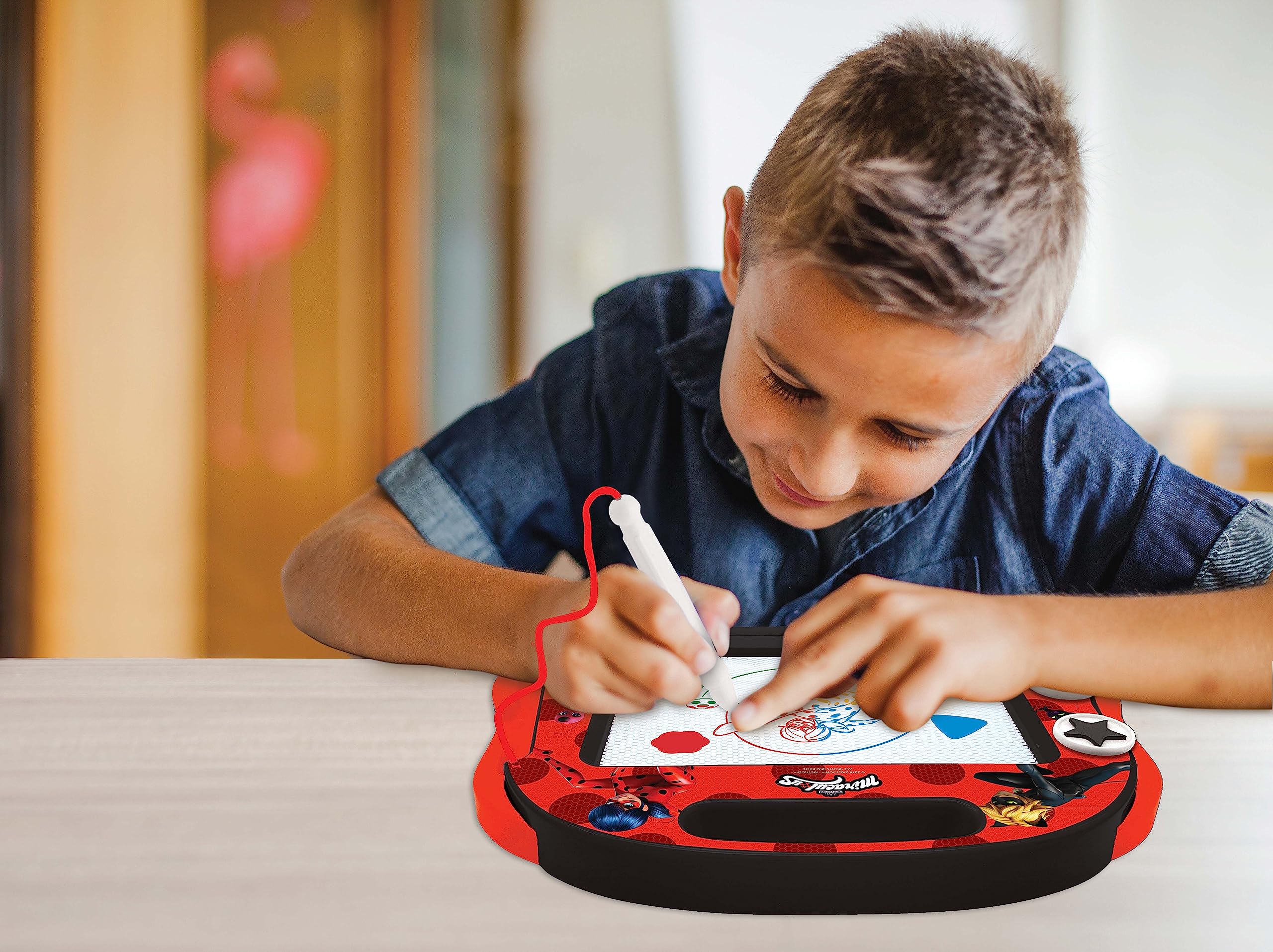 LEXiBOOK, Miraculous Ladybug Cat Noir, Multicolor Magic Magnetic Drawing Board, Artistic Creative Toy for Girls and Boys, Stylus Pen and Stamps, Red/Black, CRMI550