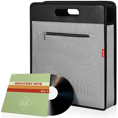 AKOZLIN Vinyl Record Travel Carrying Bag,LP Records Durable Vinyl Albums Case For Most 7" 10" 12" LP Grey