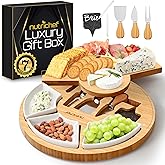 NutriChef Bamboo Natural Cheese Board Set with Bonus Condiment Cup-Extra Large Size 100% Home Organic Wooden Plate and Charcuterie Tray with 4 pcs Cutting Knife Slicer, 13" Round
