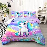 XYNHML Kid Unicorn Comforter Set Twin Size 3Pcs Butterfly Rainbow Flower Star Pattern Quilt Bedding Set for Boys Girls with 1 Comforter and 2 Pillowcases