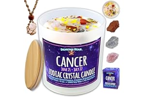 DANCING BEAR Cancer Zodiac Candle Gift Box Set with 3 Healing Crystals & Stone Holder Necklace, 100% Soy Scented Wax, Crackling Wood Wick, 45 Hour Burn Time