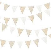 46Ft Burlap Party Decorations White Beige Burlap Banner Triangle Pennant Flag Linen Bunting Garland Streamers for Vintage Birthday Wedding Rustic Baby Shower Engagement Easter Party Decorations