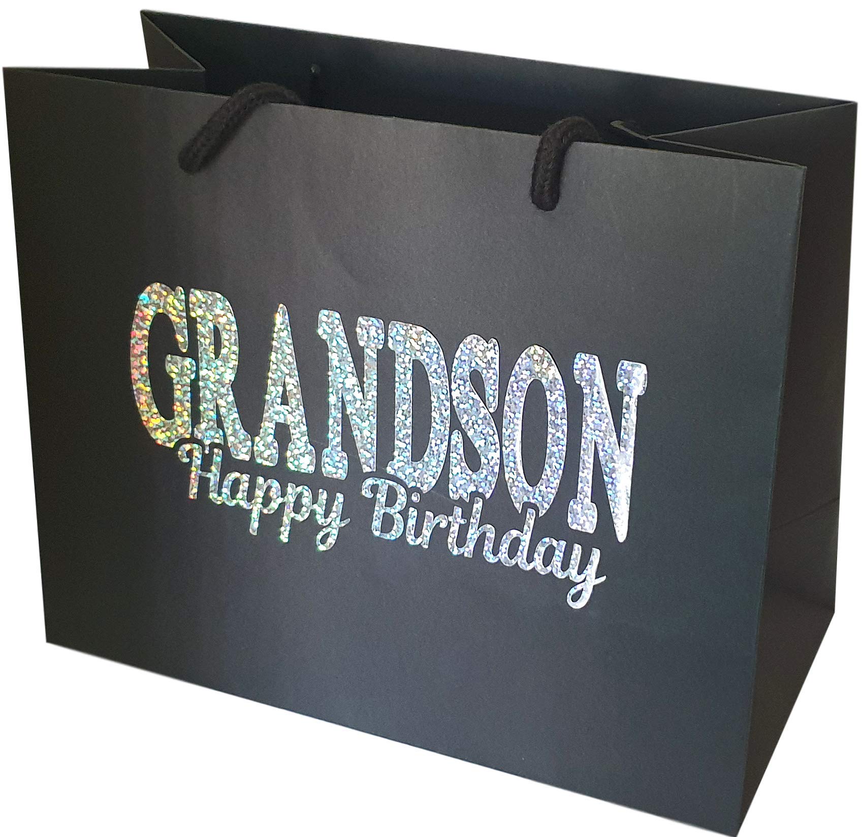 Grandson Happy Birthday Gift Bag - Holographic Glitter Gift Bag with Rope Handles and Tissue Paper - Grandson Birthday Ideas (Large)