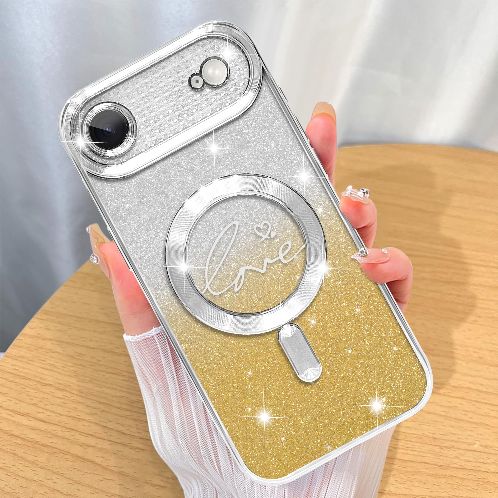 ZIYE Magnetic Case Designed for iPhone Air Glitter Case Luxury Plating Love Heart Compatible with MagSafe Clear Case with Camera Protection Shockproof Cover Made for Women Girls-Sliver