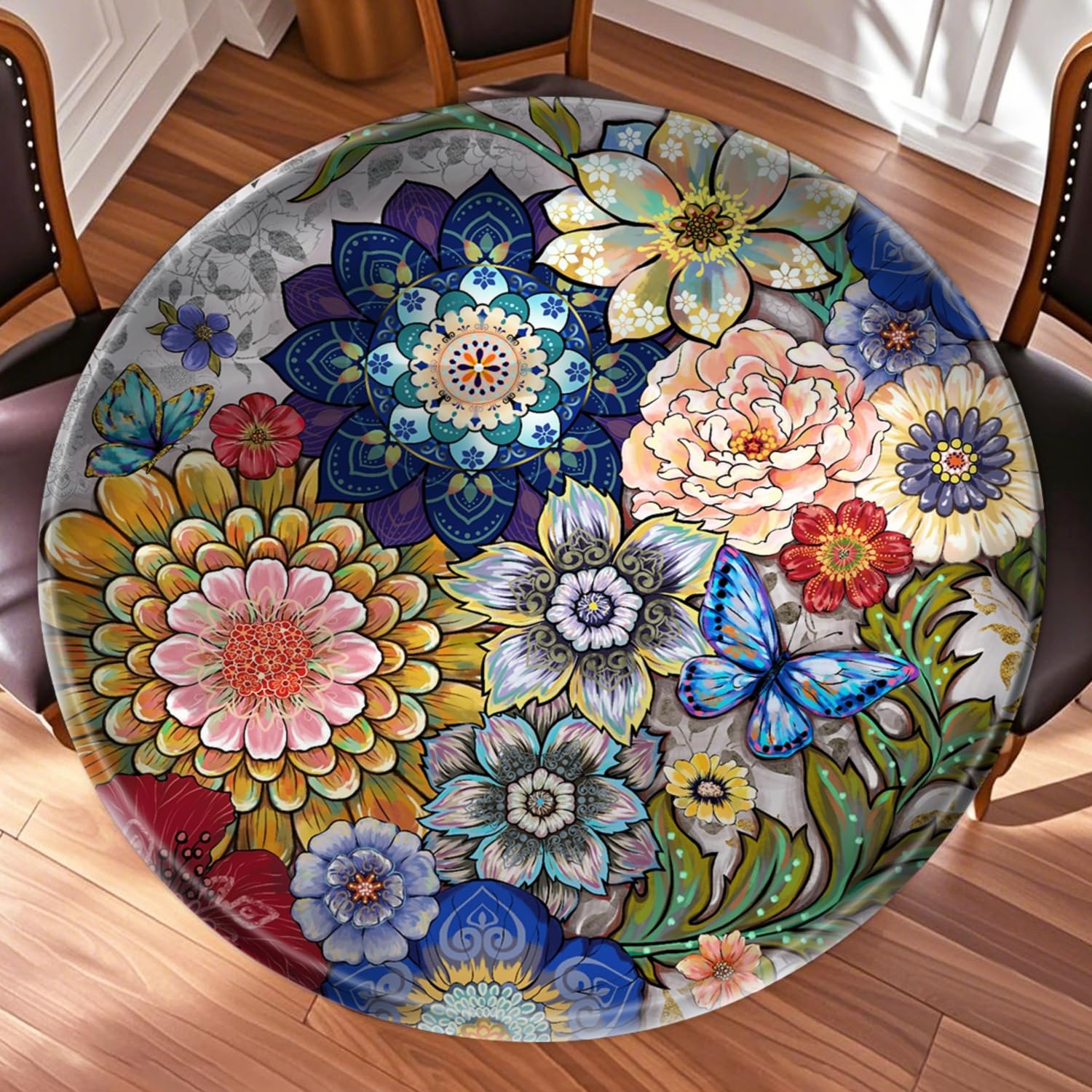 Photo 1 of Ritgssi 44 Inch Multi Colors Boho Round Table Protector for Kitchen,Floral Table Cloth Round Cover with Elastic Edge?Waterproof Picnic Circle Tablecloth for Dinner, Outdoor, Party, Camping, BBQ